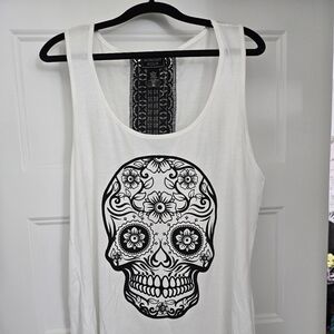 Midnight Hour White Tank with Black Sugar Skull Print Size Xl